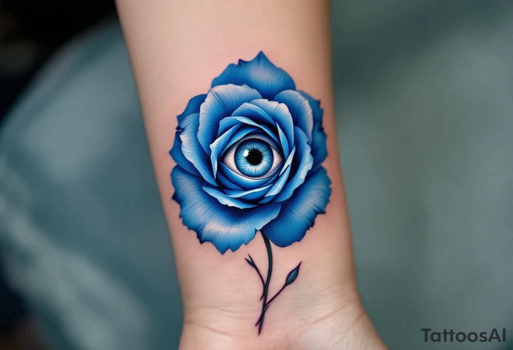 Surreal blue rose with an eye at the center, deep blue petals surrounding a realistic, icy blue human eye. tattoo idea