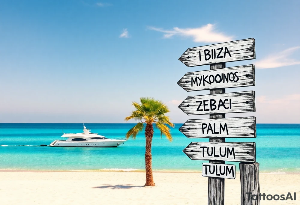 A tall wooden signpost with four directional arrows, each pointing in a different direction. The arrows are rustic and slightly weathered, with the names of popular travel destinations written on them: 'IBIZA', 'MYKONOS', 'DUBAI', 'ZRCE BEACH', 'IOS', 'PALMA', and 'TULUM'. The signpost is located on a sandy beach with a clear blue ocean in the background. A luxurious white yacht is visible on the water, slightly in the distance. A tall, green palm tree stands nearby, casting a small shadow on the sand. The scene is bathed in warm sunlight, with a few wispy clouds in the sky, creating a relaxed and tropical vacation vibe. tattoo idea