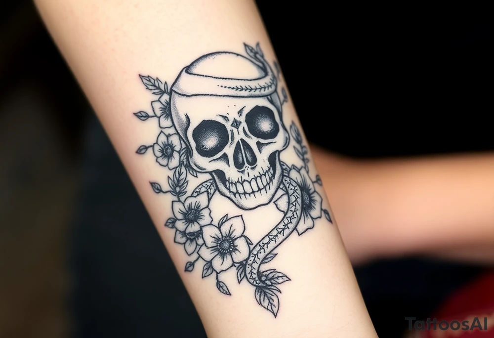 Feminine skull with snake wrapped around and surrounded by wildflowers and hearts in heavy black work neo traditional style tattoo idea