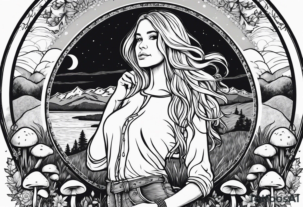 Whole picture encircled fully

Straight long blonde hair hippie girl in distance holding mushrooms in hand facing away toward mountains and creek surrounded by mushrooms long sleeve shirt and hiking pants; whole rendering within a full circle, no cut off circle tattoo idea