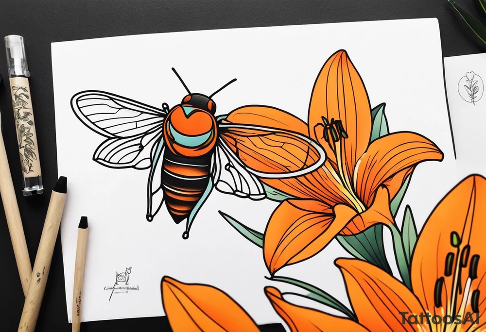 Neo traditional Cicada with orange lily tattoo idea