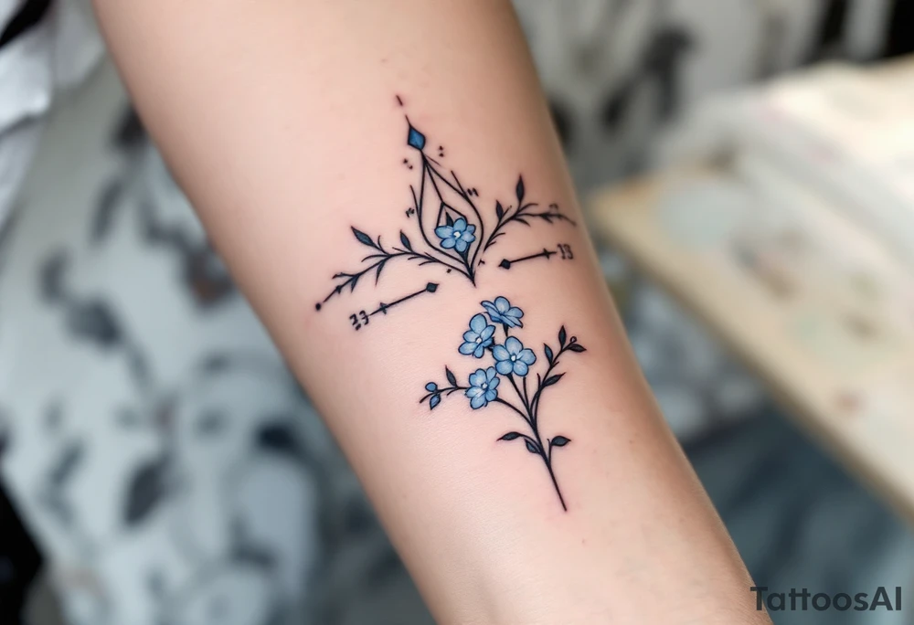 Subtle date 23.03.1993 in fine black linework, wrapped in pastel blue forget-me-nots. tattoo idea
