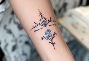Subtle date 23.03.1993 in fine black linework, wrapped in pastel blue forget-me-nots. tattoo idea