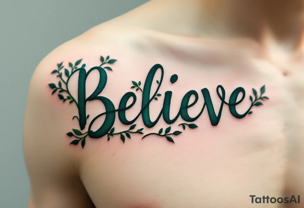 "Believe" in dark green with vines wrapping around the letters, representing nature's resilience and growth. tattoo idea