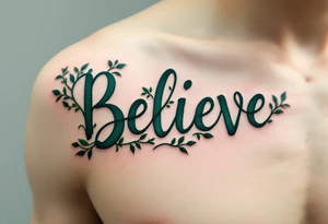 "Believe" in dark green with vines wrapping around the letters, representing nature's resilience and growth. tattoo idea