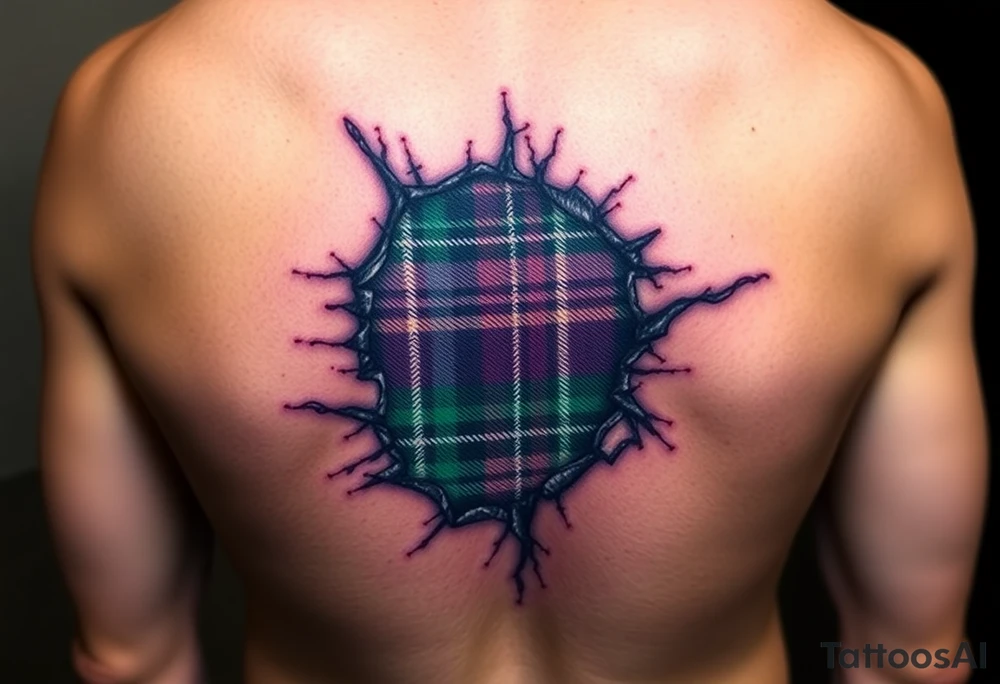 Dark Purple with green pink blue and white highlights tartan fabric on arm with skin ripping away to reveal tartan underneath tattoo idea