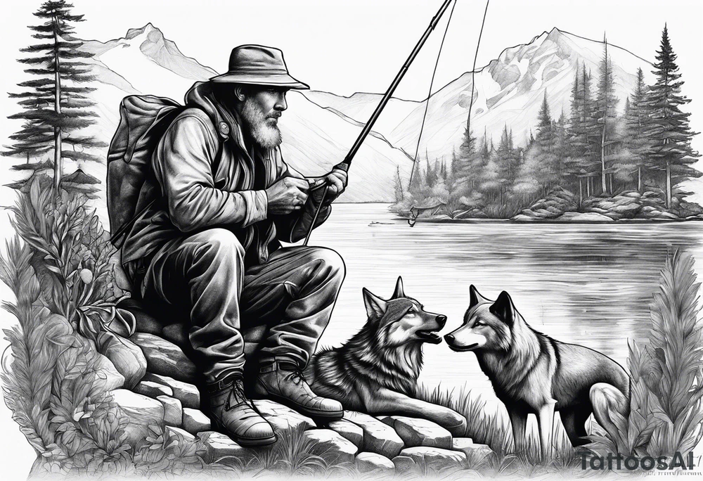 a fisherman with a wolf on a bank tattoo idea
