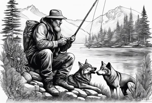 a fisherman with a wolf on a bank tattoo idea