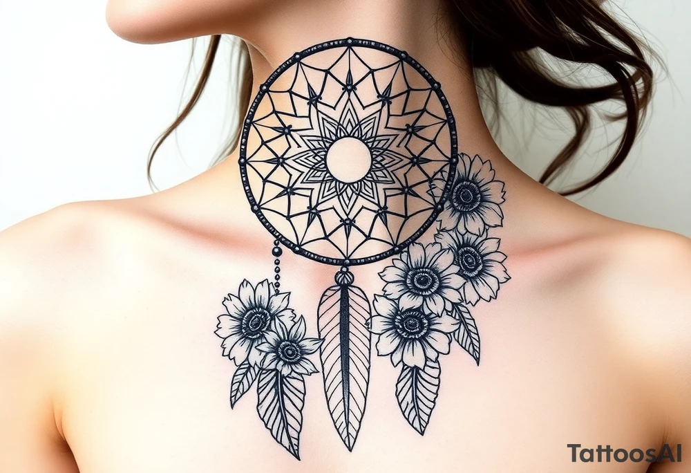 Dreamcatcher with zodiac symbols and protection runes caught in it with tigerlillies roses and sunflowers tattoo idea