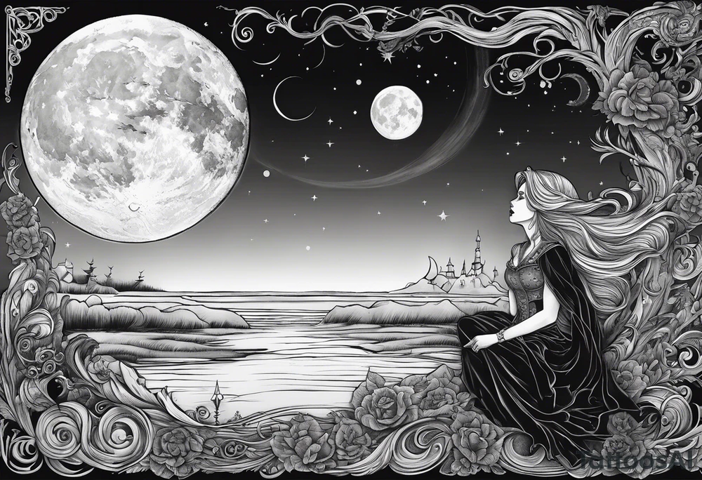 dark fantasy moon by cliff held by a witch tattoo idea