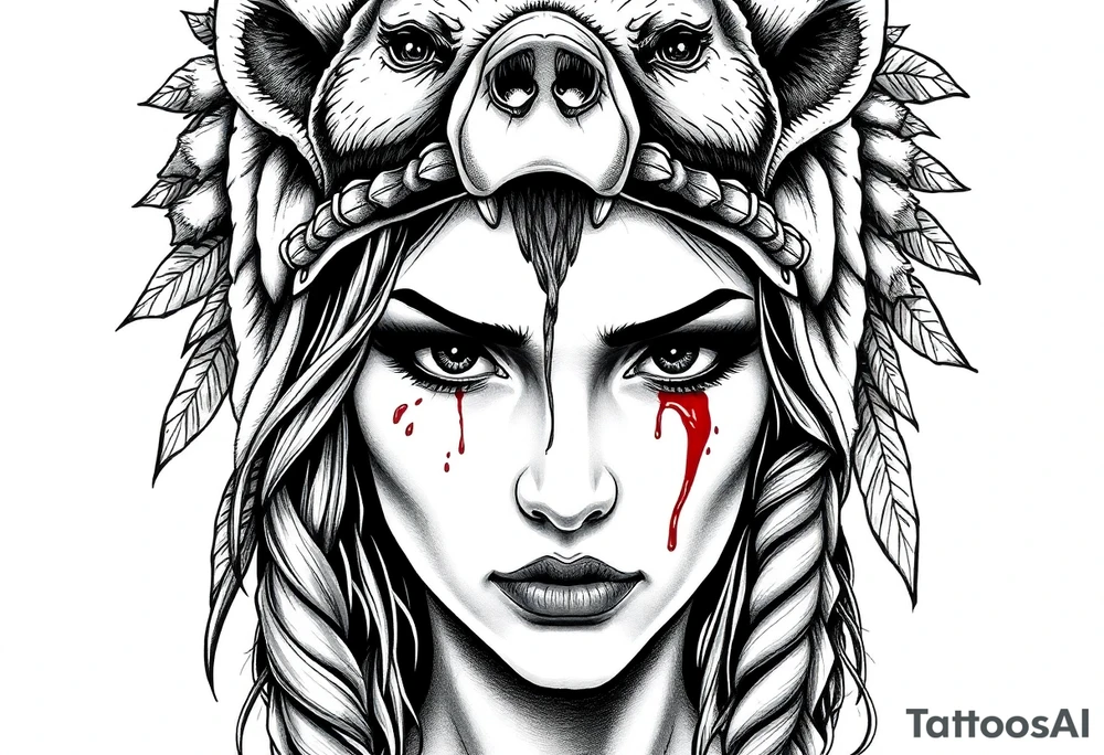Beautiful Womans shedding a tear, with battle scars and blood on face, wearing dead bear headdress on head tattoo idea
