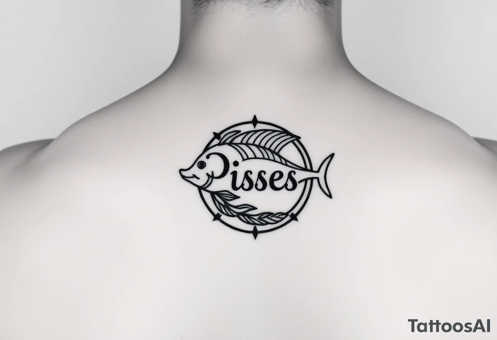 unique zodiac sign around the word Pisces tattoo idea
