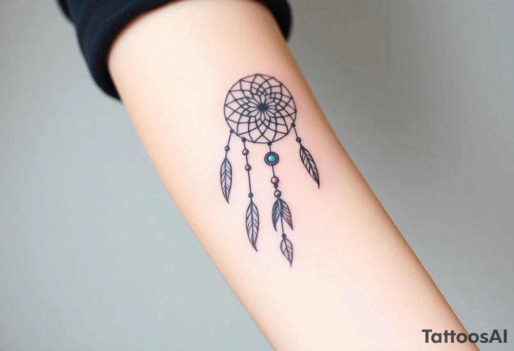 native dreamcatcher with flowing feathers and sacred beads tattoo idea