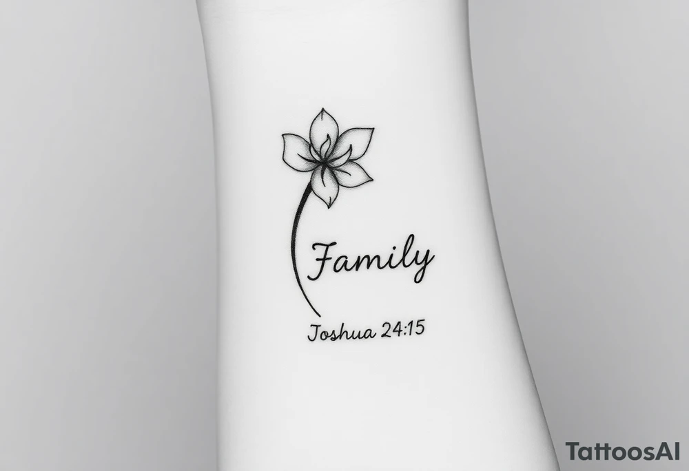 fine-line narcissus flower on my inner wrist, with the stem flowing down into the word Family in soft cursive, and Joshua 24:15 in tiny clean text underneath. photo of it tattoo idea