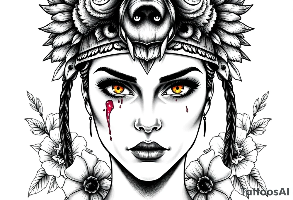 Symmetrical Beautiful Woman, looking forward, with colored eyes, shedding a tear, with battle scars and blood on face, with soft look, wearing a mean looking bear headdress on head, with flower background tattoo idea