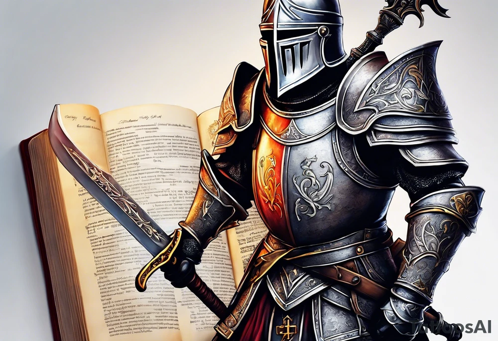 a knight pulling a sword out of the bible tattoo idea
