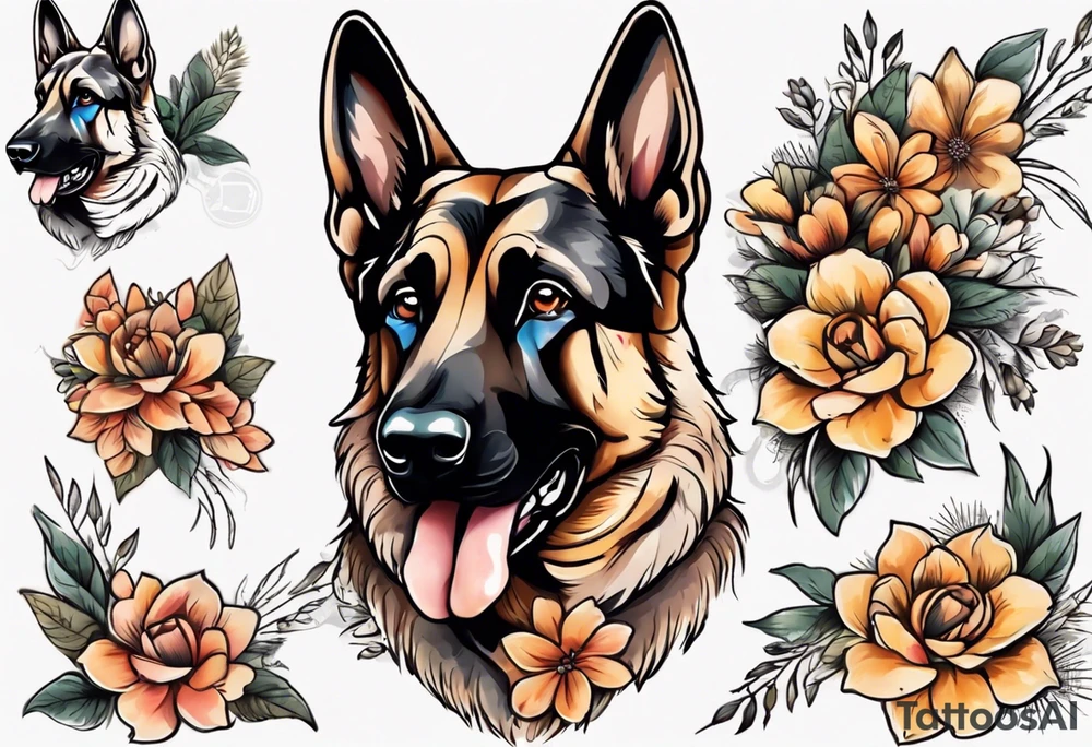 German shepherd with black face and brown around eyes portrait brightly colored with flowers tattoo idea