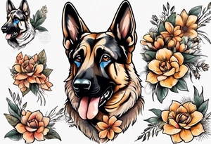 German shepherd with black face and brown around eyes portrait brightly colored with flowers tattoo idea