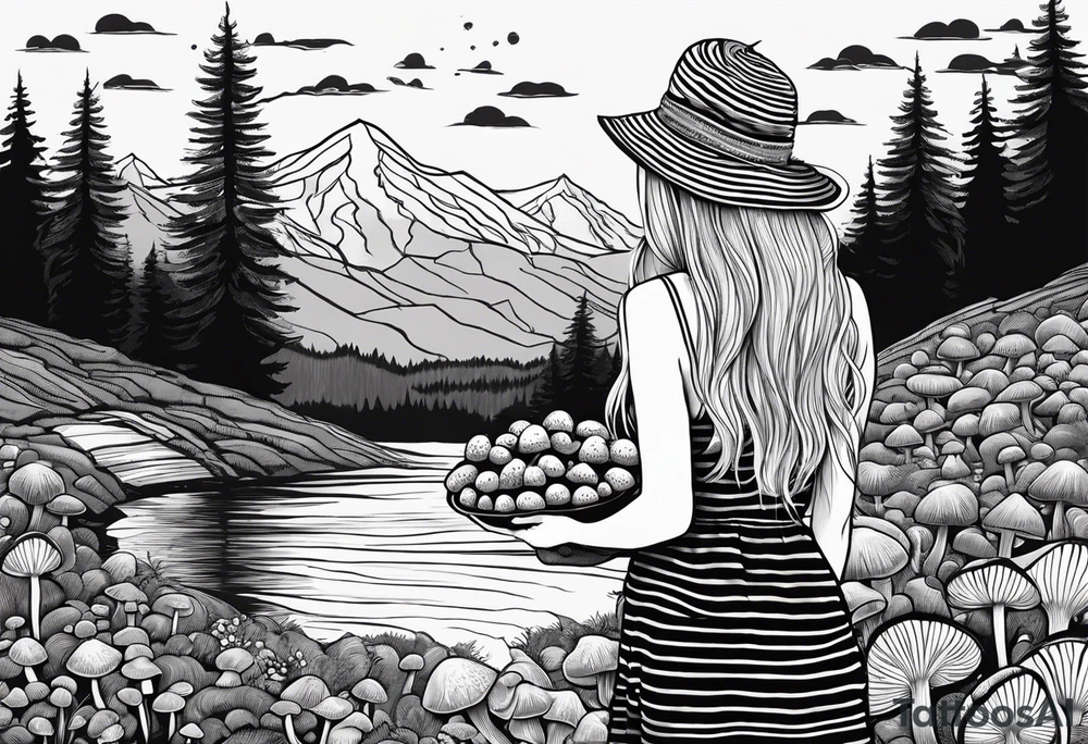 Straight long blonde hair hippie girl in distance holding mushrooms in hand facing away toward mountains and creek surrounded by mushrooms black and white striped dress tattoo idea