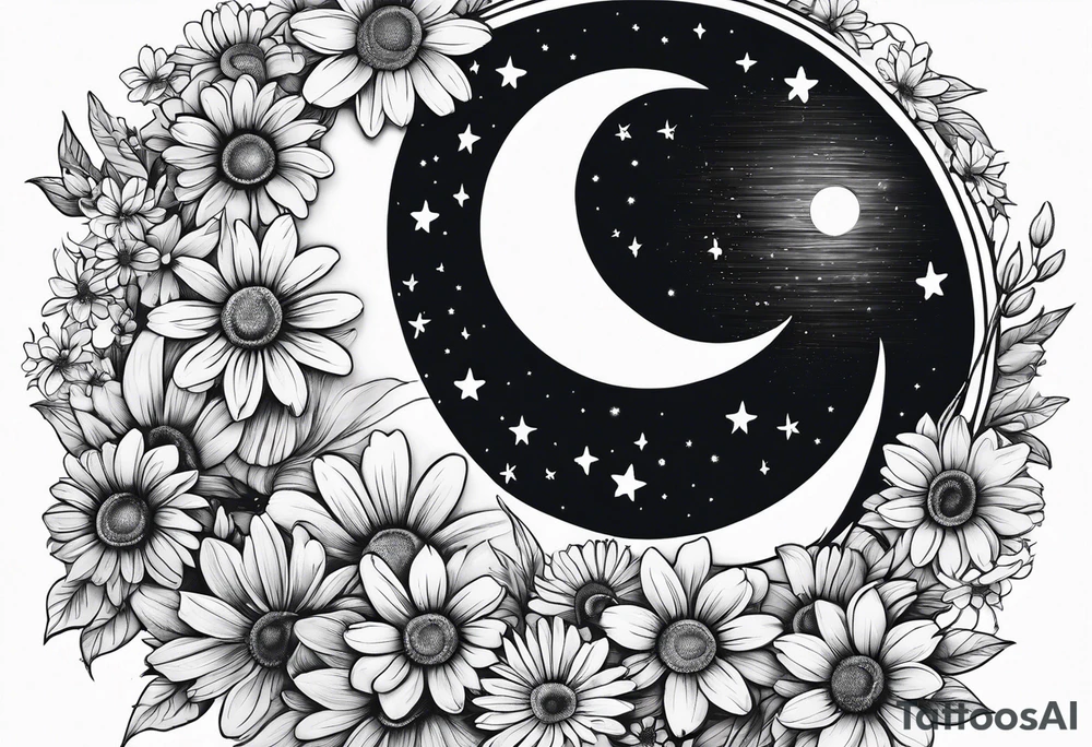 Crescent moon shrouded by beautiful daisies tattoo idea