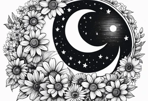 Crescent moon shrouded by beautiful daisies tattoo idea