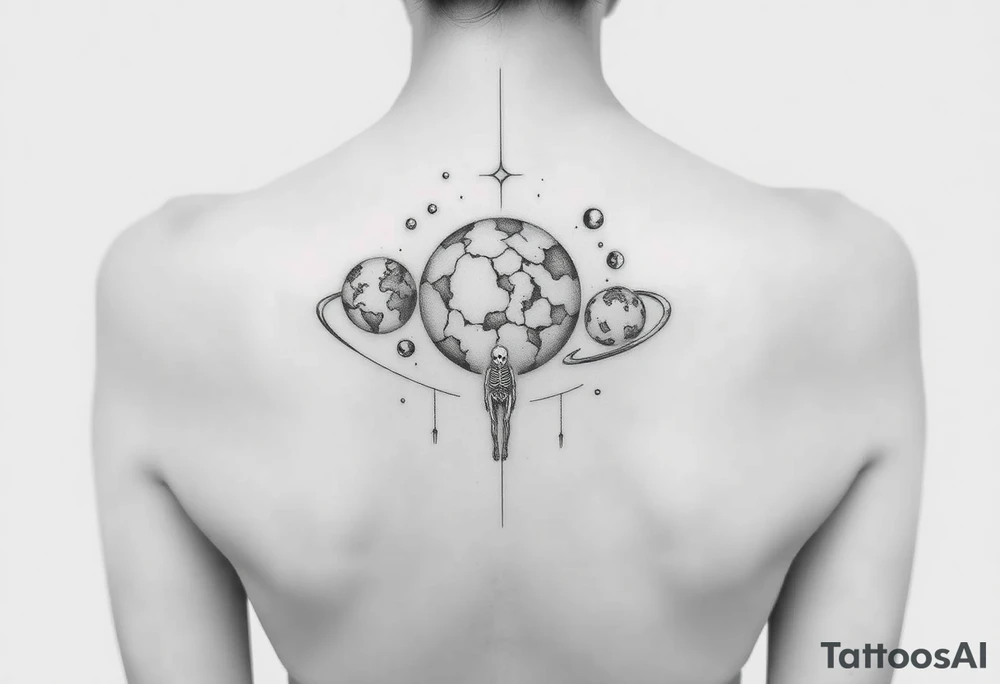 “Dead Orbit”
Theme: Isolation and quiet detachment.
Visual: Planets slowly drifting out of orbit up your spine, cracking and crumbling as they rise. Between them, little skeletal figures float in fetal positions—lost satellites.
Vibe: You’ve been drifting so long, silence feels like home. tattoo idea