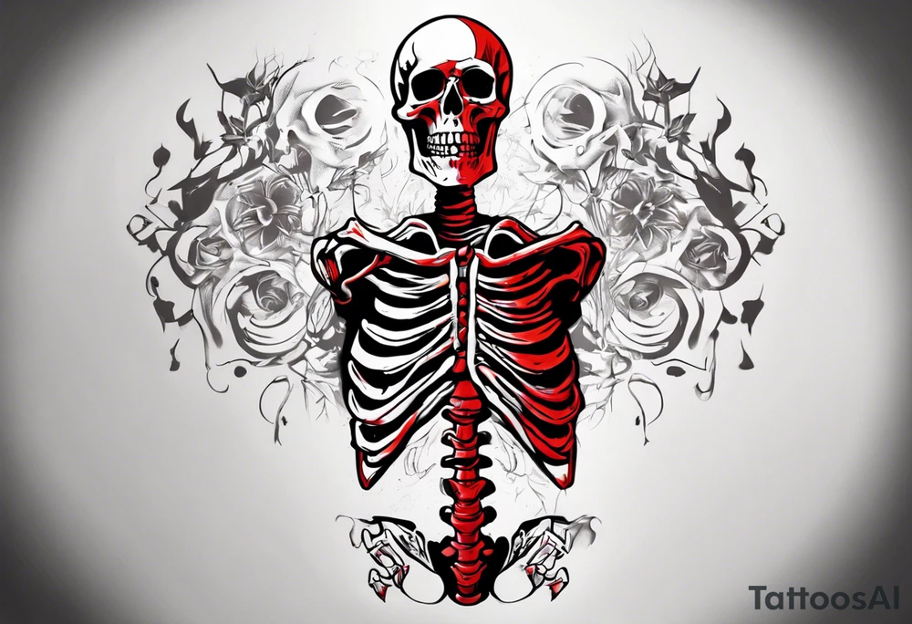 I need a ribcage tattoo of a skeleton.
The skeleton should wear a red/ black suit. tattoo idea