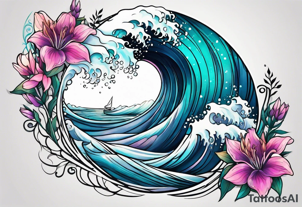 ocean wave surrounded by lupin and fireweed vines tattoo idea
