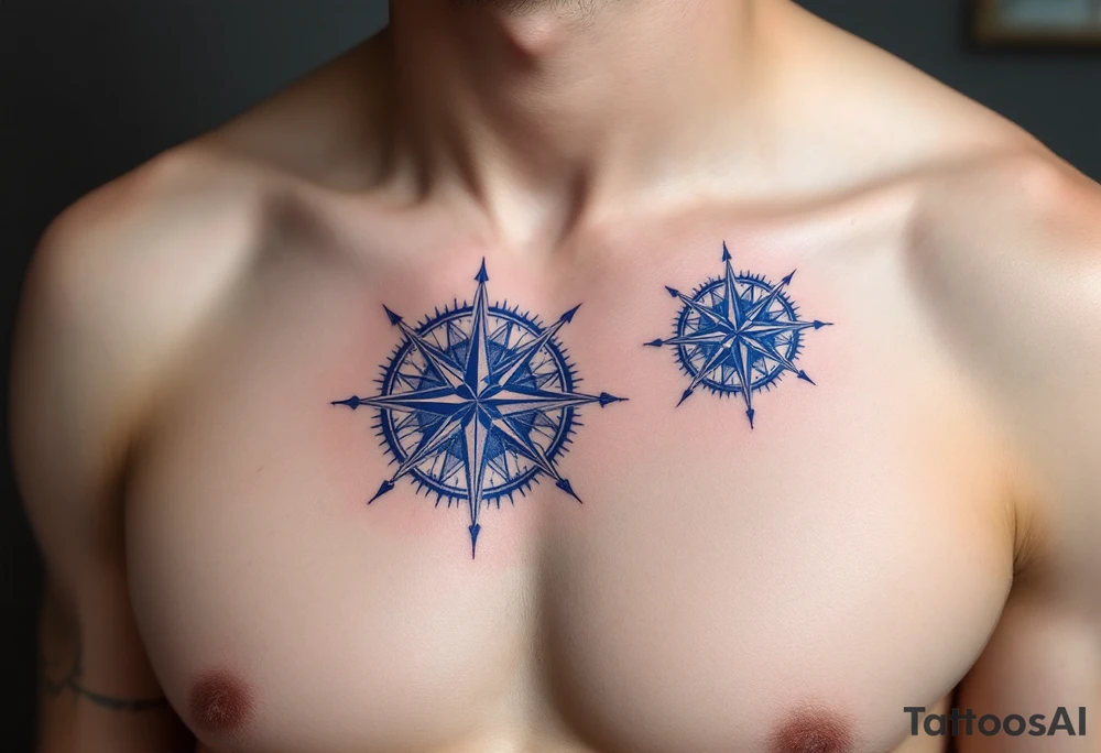 Matching royal blue compass roses, the first tattoo large on the chest and the second smaller on the shoulder blade. tattoo idea
