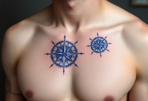 Matching royal blue compass roses, the first tattoo large on the chest and the second smaller on the shoulder blade. tattoo idea