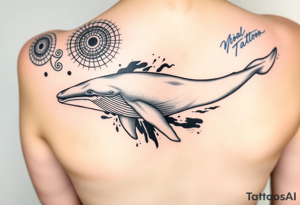 “A realistic-style humpback whale swimming forward across the upper bicep, with its tail transitioning into abstract brushstrokes and artistic smudges. Background includes sacred geometric shapes (circles, triangles, lines) integrated subtly, and a detailed Maori/Polynesian tribal tattoo only on the shoulder area. Add expressive blue calligraphic scribbles – more like ink gestures than text. tattoo idea