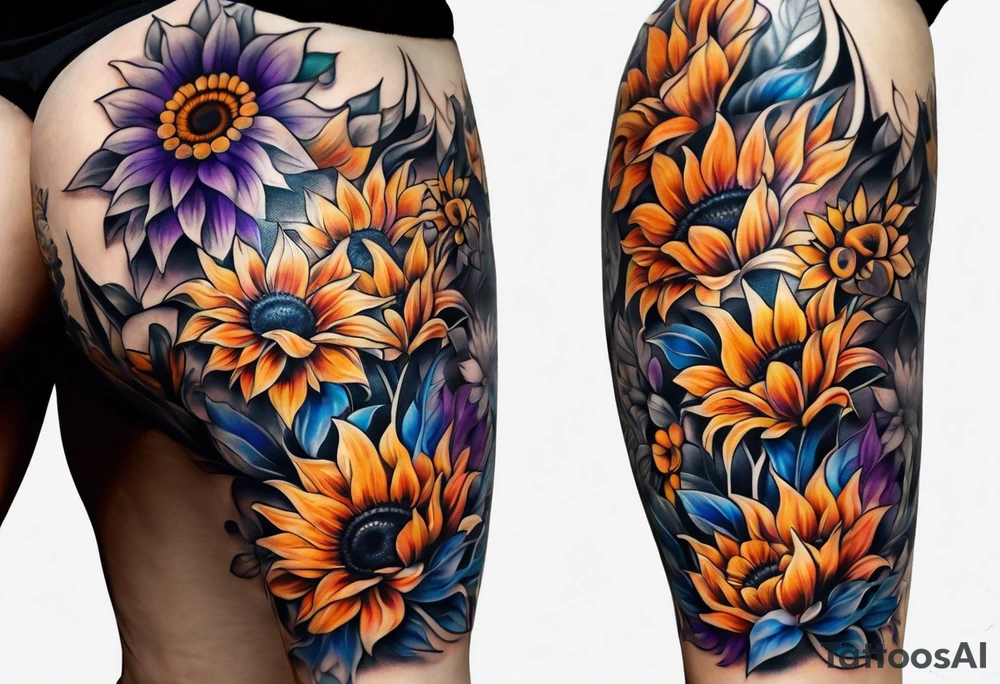 Full leg sleeve with purple, orange and blue sunflowers tattoo idea
