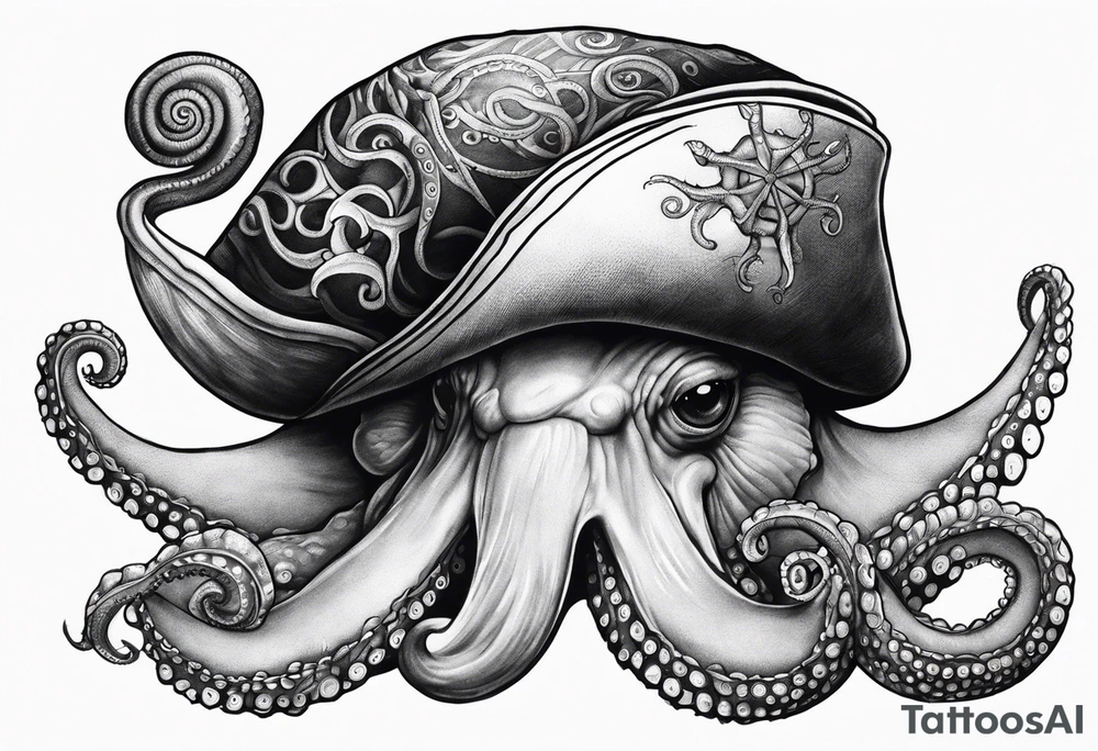 Snail with pirate hat and octopus tentacles coming out the bottom tattoo idea