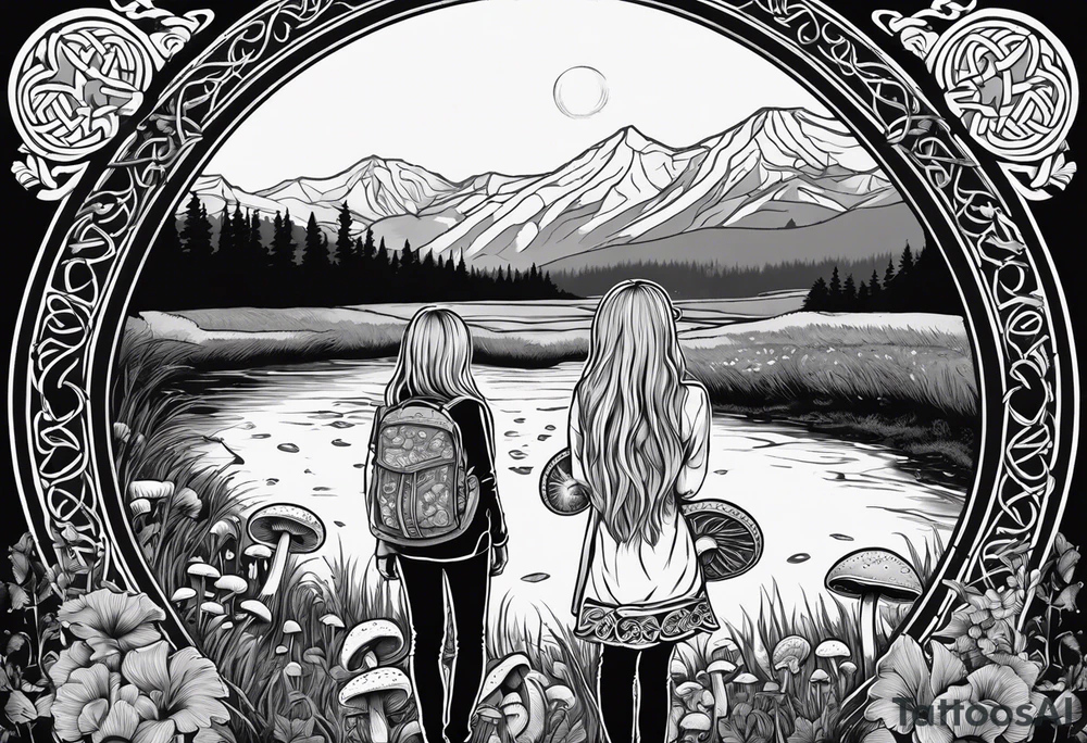 Whole picture encircled fully

Straight long blonde hair celestial girl in distance holding mushrooms in hand facing away toward mountains and creek surrounded by mushrooms long sleeve shirt and hiking pants; whole rendering within a full celtic circle border, no cut off circle tattoo idea