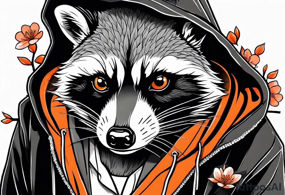 Raccoon wearing a white Superman logo on a black hoodie and orange Japanese cherry blossoms tattoo idea