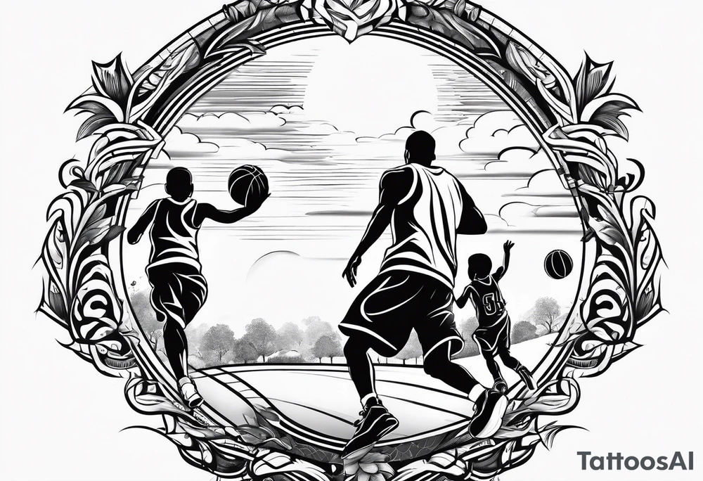 Dad playing basketball with 2 kids tattoo idea