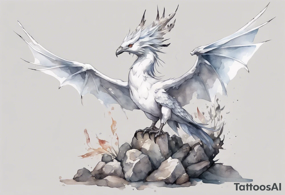a white bird-wyvern hybrid, wearing a grey crown, perched on a stone tattoo idea