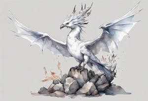 a white bird-wyvern hybrid, wearing a grey crown, perched on a stone tattoo idea