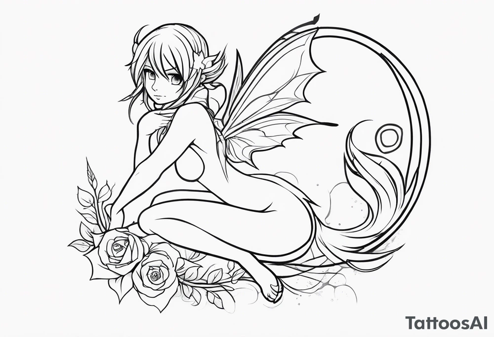 No background and no color sketch of a fairy with a tail inspired by the guild symbol in the anime show called Fairy Tail in a fetal position leaning in and forward while crawled in tattoo idea