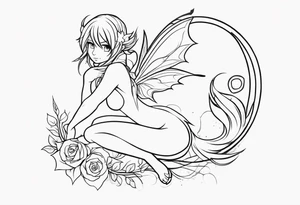 No background and no color sketch of a fairy with a tail inspired by the guild symbol in the anime show called Fairy Tail in a fetal position leaning in and forward while crawled in tattoo idea