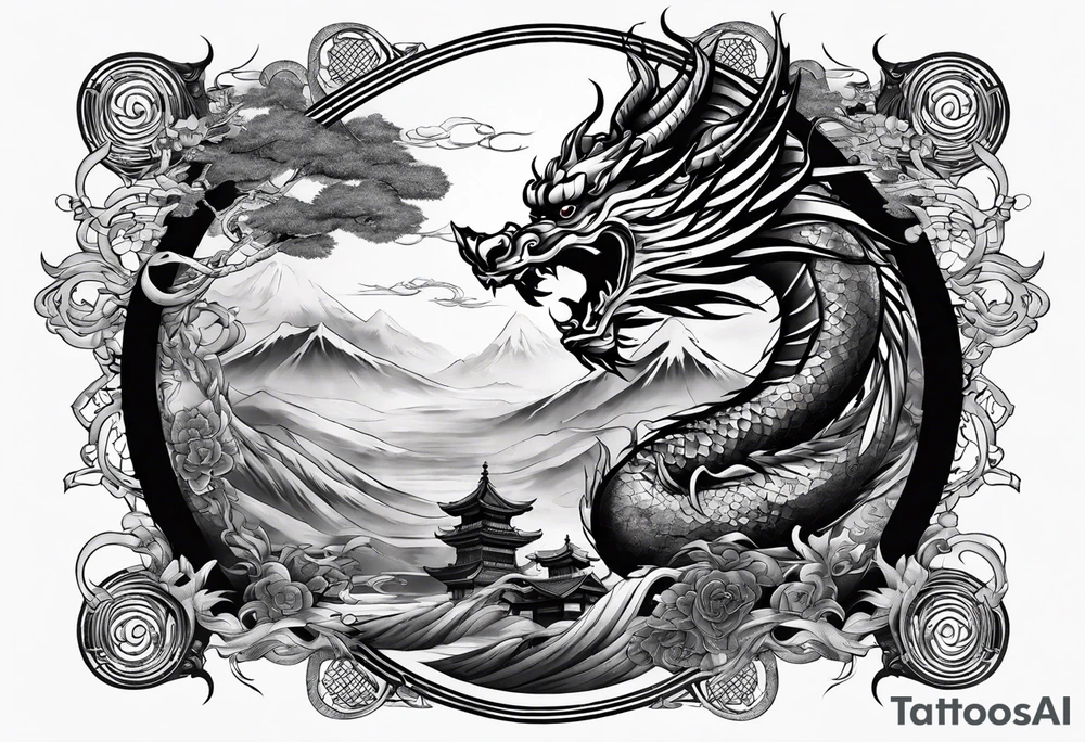 Tatto the Dragón and samurai in zen circule, tori gate tattoo idea