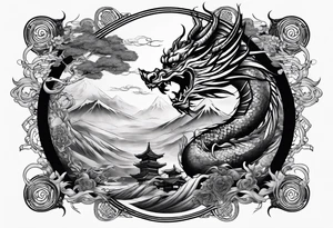 Tatto the Dragón and samurai in zen circule, tori gate tattoo idea