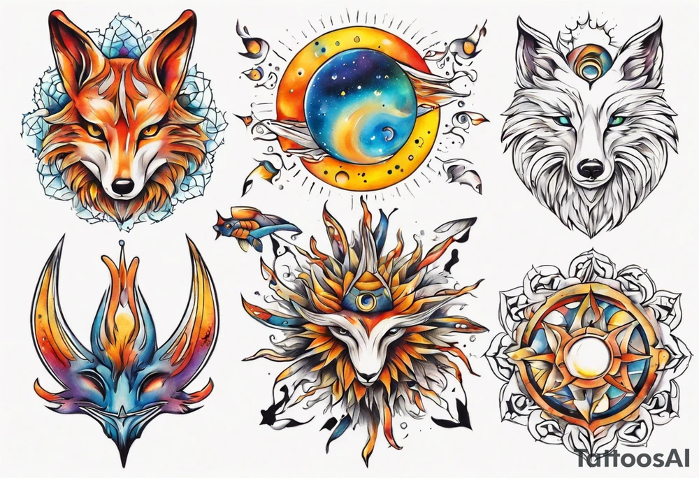 fisch, fuchs und eule , symetrie  sonne, universum, bunt tattoo idea