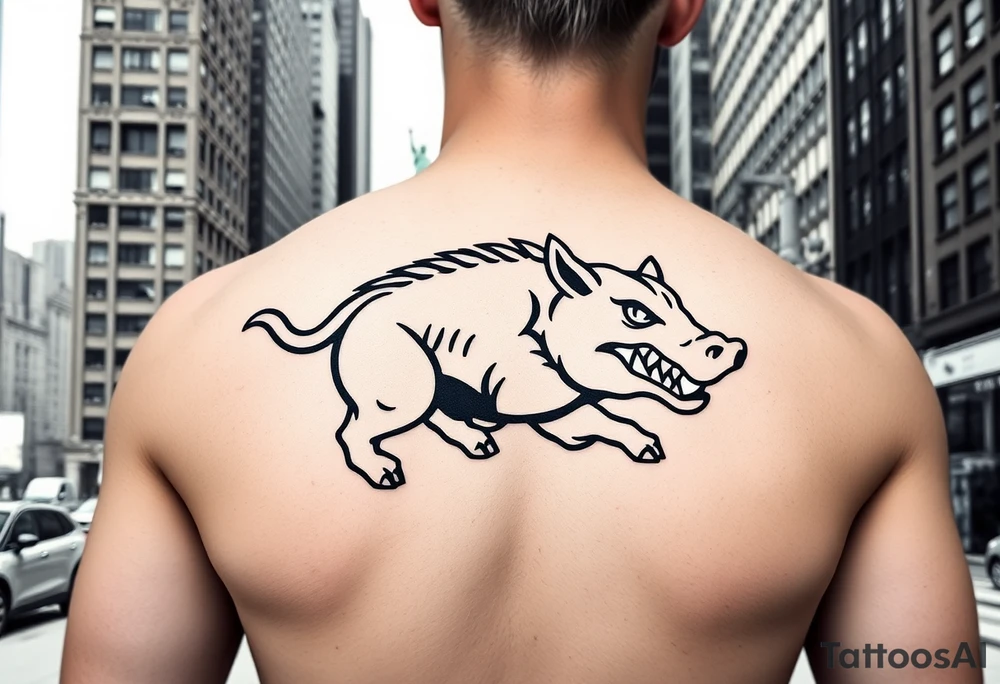 Arkansas razorback logo running through the streets of New York City towards me head on with the Statue of Liberty in the background and Empire State Building tattoo idea