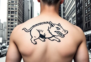 Arkansas razorback logo running through the streets of New York City towards me head on with the Statue of Liberty in the background and Empire State Building tattoo idea