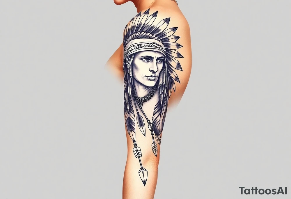 Native American warrior with head dress and arrows tattoo idea