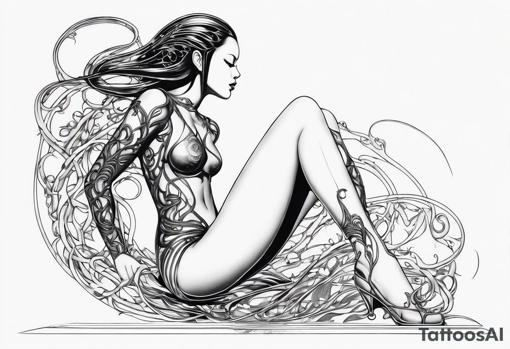 Hajime Sorayama type blended with HR Giger alien woman with vines tattoo idea
