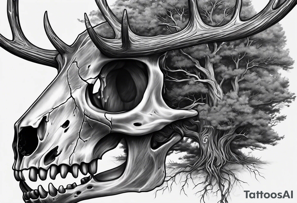 A side view of a decayed deer skull with no skin JUST BONE surrounded by trees and fire tattoo idea