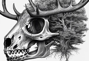 A side view of a decayed deer skull with no skin JUST BONE surrounded by trees and fire tattoo idea