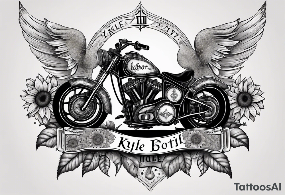 A central cross with the names Kyle Peter Lori on it with lighting a motorcycle and a sunflower around it tattoo idea